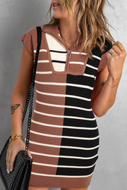 Bella Love Boutique California LLC Sweaters & Cardigans/Sweater Dresses Black Stripe / S / 50%Viscose+28%Polyester+22%Polyamide Black Stripe Color Block Quarter Zip Collar Short Sleeve Sweater Dress