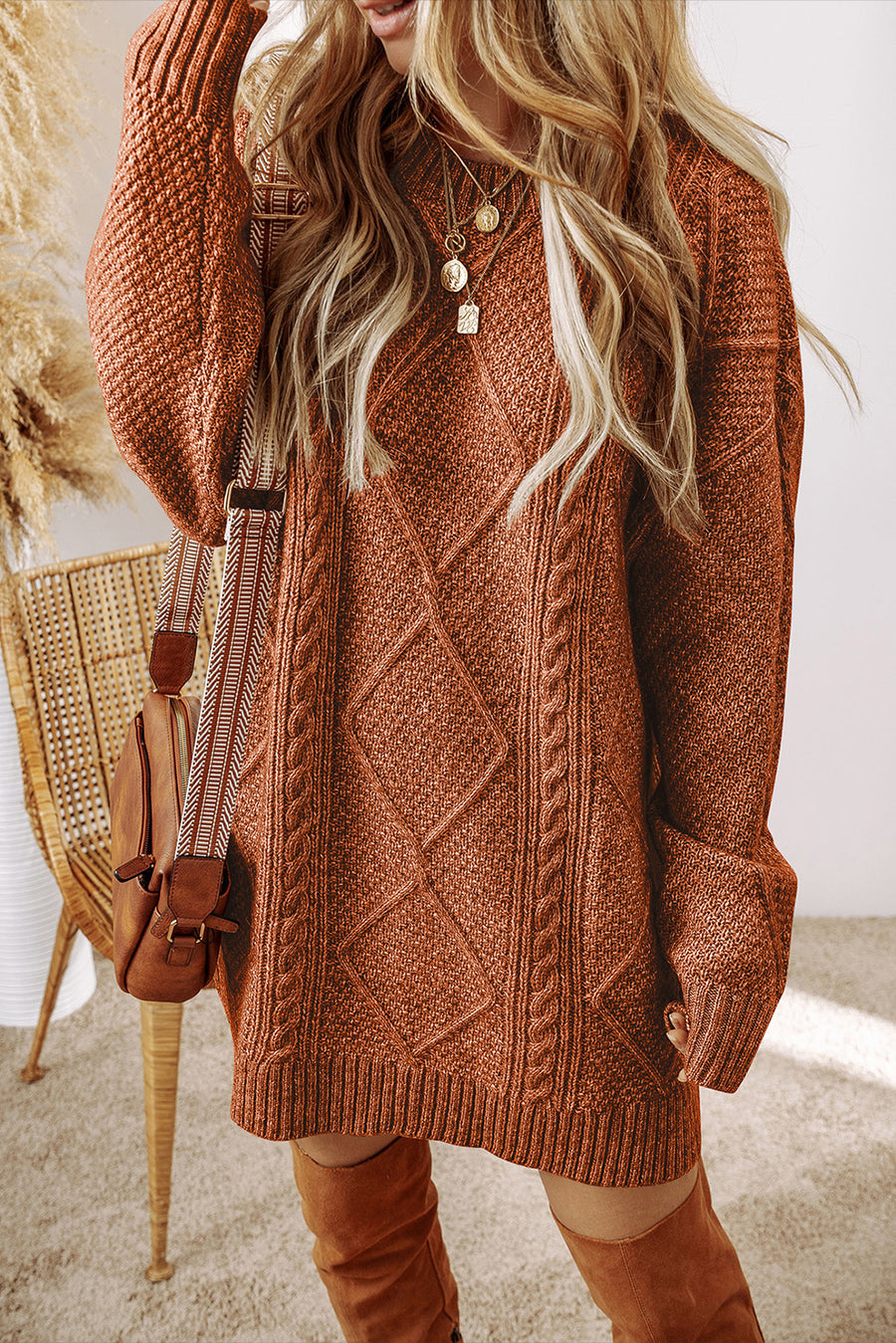 Bella Love Boutique California LLC Sweaters & Cardigans/Sweater Dresses Coffee / S / 100%Polyester Parchment Cable Knit Drop Shoulder Loose Fit Sweater Dress