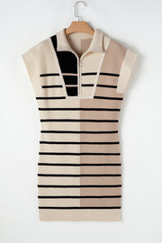 Bella Love Boutique California LLC Sweaters & Cardigans/Sweater Dresses Khaki Stripe Color Block Quarter Zip Collar Short Sleeve Sweater Dress