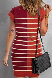 Bella Love Boutique California LLC Sweaters & Cardigans/Sweater Dresses Khaki Stripe Color Block Quarter Zip Collar Short Sleeve Sweater Dress