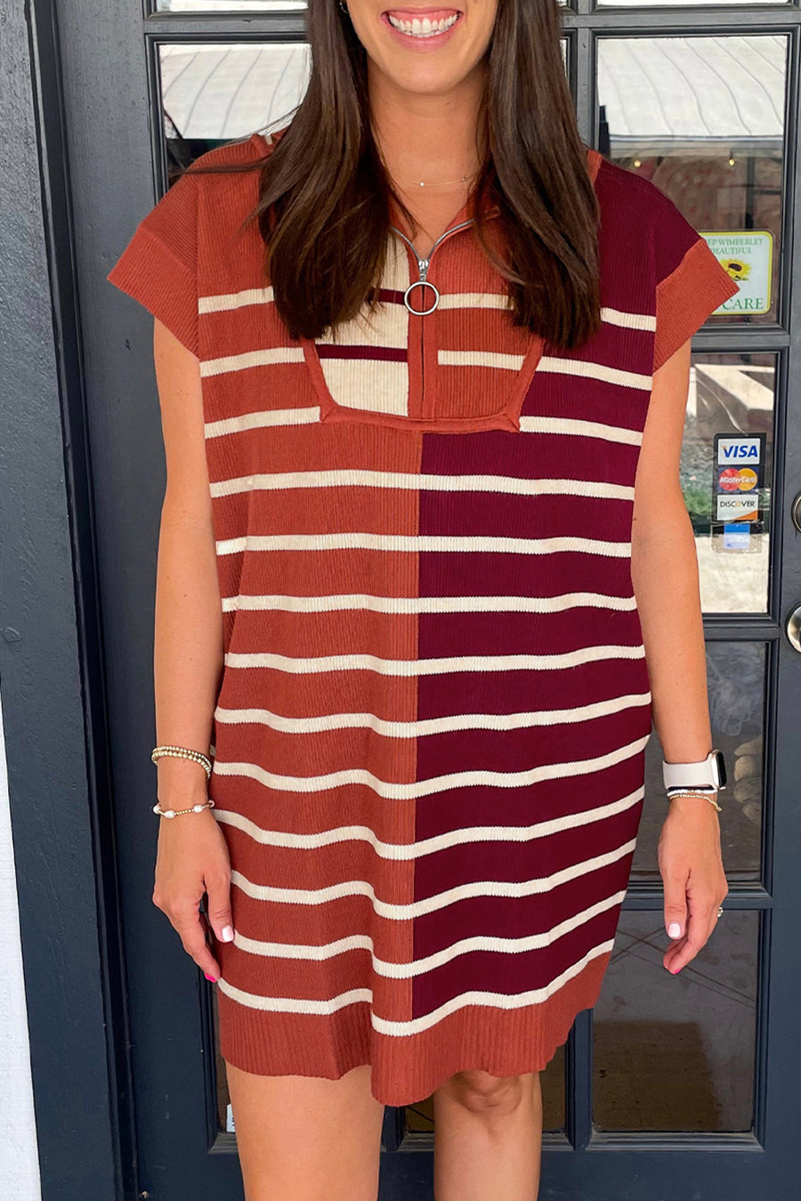 Bella Love Boutique California LLC Sweaters & Cardigans/Sweater Dresses Khaki Stripe Color Block Quarter Zip Collar Short Sleeve Sweater Dress