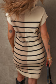 Bella Love Boutique California LLC Sweaters & Cardigans/Sweater Dresses Khaki Stripe Color Block Quarter Zip Collar Short Sleeve Sweater Dress