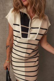 Bella Love Boutique California LLC Sweaters & Cardigans/Sweater Dresses Khaki Stripe Color Block Quarter Zip Collar Short Sleeve Sweater Dress