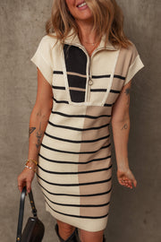 Bella Love Boutique California LLC Sweaters & Cardigans/Sweater Dresses Khaki Stripe Color Block Quarter Zip Collar Short Sleeve Sweater Dress