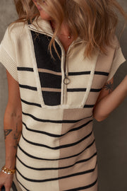 Bella Love Boutique California LLC Sweaters & Cardigans/Sweater Dresses Khaki Stripe Color Block Quarter Zip Collar Short Sleeve Sweater Dress