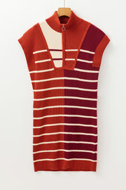 Bella Love Boutique California LLC Sweaters & Cardigans/Sweater Dresses Khaki Stripe Color Block Quarter Zip Collar Short Sleeve Sweater Dress