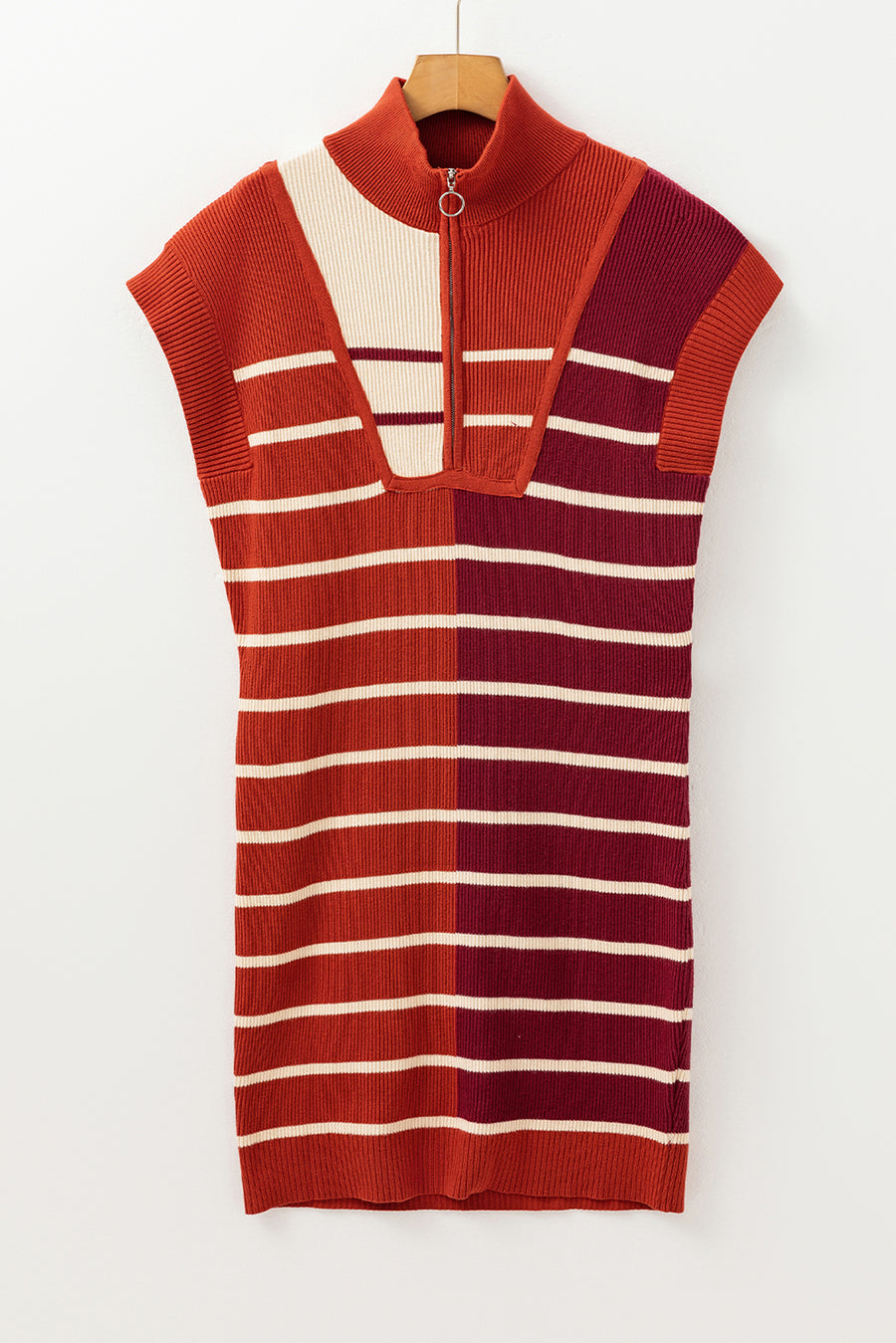 Bella Love Boutique California LLC Sweaters & Cardigans/Sweater Dresses Khaki Stripe Color Block Quarter Zip Collar Short Sleeve Sweater Dress