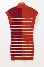 Bella Love Boutique California LLC Sweaters & Cardigans/Sweater Dresses Khaki Stripe Color Block Quarter Zip Collar Short Sleeve Sweater Dress