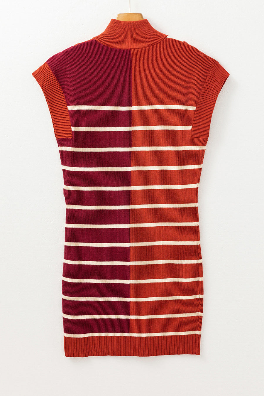 Bella Love Boutique California LLC Sweaters & Cardigans/Sweater Dresses Khaki Stripe Color Block Quarter Zip Collar Short Sleeve Sweater Dress