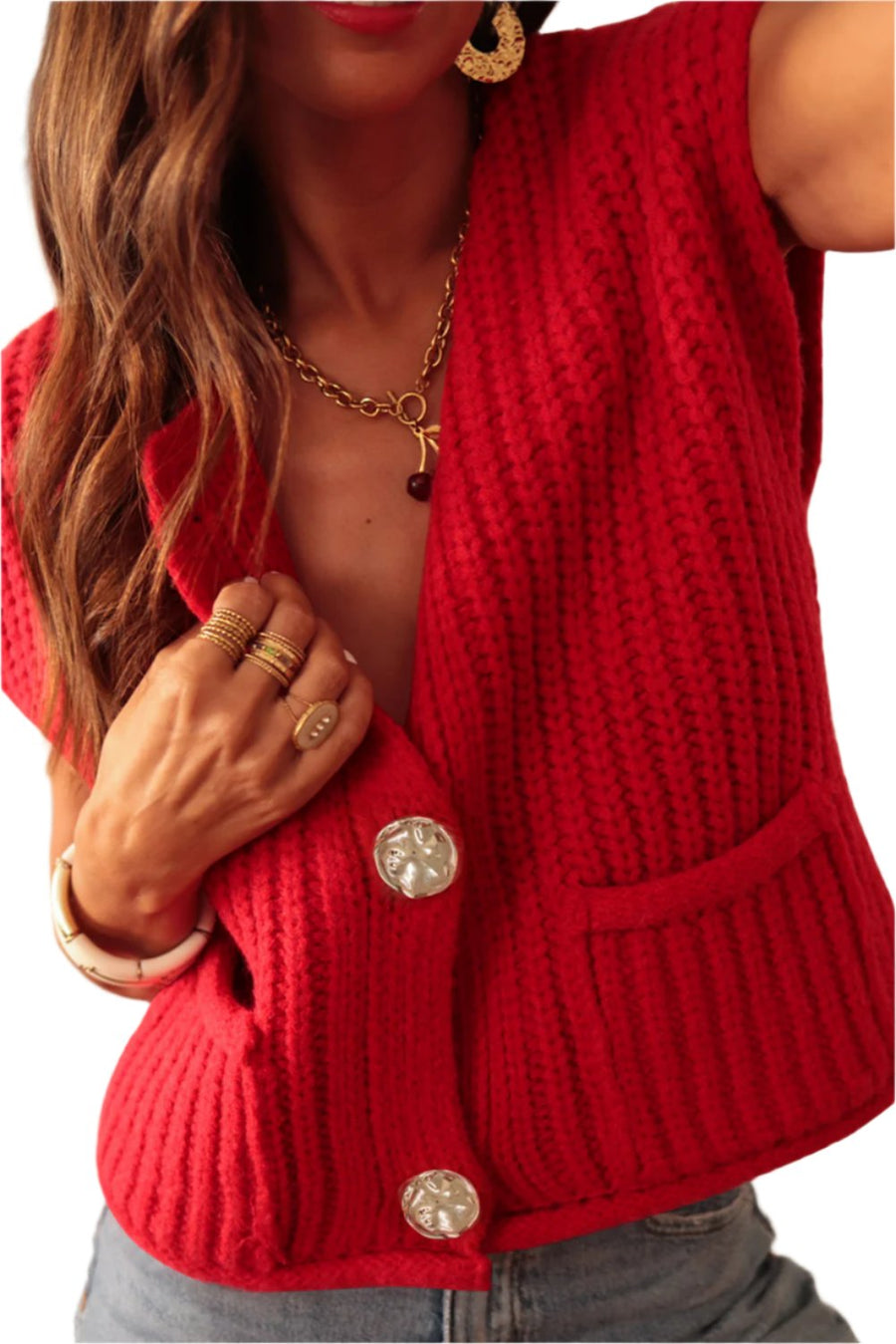 Bella Love Boutique California LLC Sweaters & Cardigans/Sweater Vests Fiery Red / S / 100%Acrylic White Solid Textured Knit Side Pockets Buttoned Sweater Vest