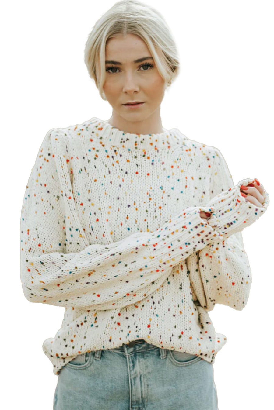 Bella Love Boutique California LLC Sweaters & Cardigans/Sweaters Beige Colorful Confetti Dots Cable Knit Crew Neck Sweater