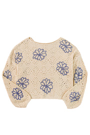 Bella Love Boutique California LLC Sweaters & Cardigans/Sweaters Beige Contrast Flower Print Eyelet Drop Shoulder Sweater
