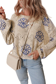 Bella Love Boutique California LLC Sweaters & Cardigans/Sweaters Beige Contrast Flower Print Eyelet Drop Shoulder Sweater