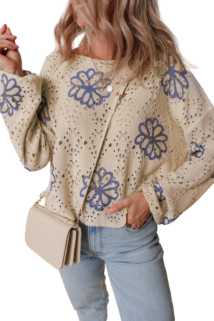 Bella Love Boutique California LLC Sweaters & Cardigans/Sweaters Beige Contrast Flower Print Eyelet Drop Shoulder Sweater