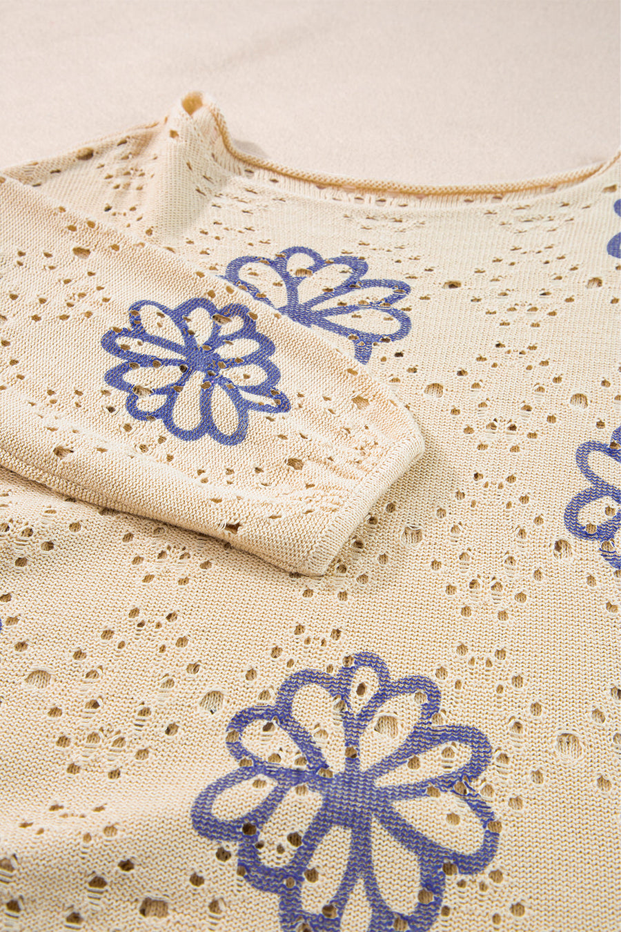 Bella Love Boutique California LLC Sweaters & Cardigans/Sweaters Beige Contrast Flower Print Eyelet Drop Shoulder Sweater