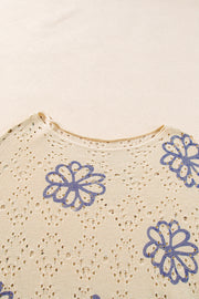 Bella Love Boutique California LLC Sweaters & Cardigans/Sweaters Beige Contrast Flower Print Eyelet Drop Shoulder Sweater