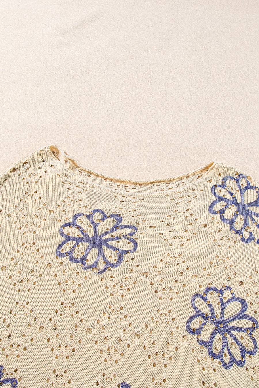 Bella Love Boutique California LLC Sweaters & Cardigans/Sweaters Beige Contrast Flower Print Eyelet Drop Shoulder Sweater