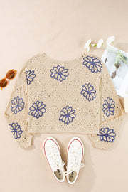 Bella Love Boutique California LLC Sweaters & Cardigans/Sweaters Beige Contrast Flower Print Eyelet Drop Shoulder Sweater