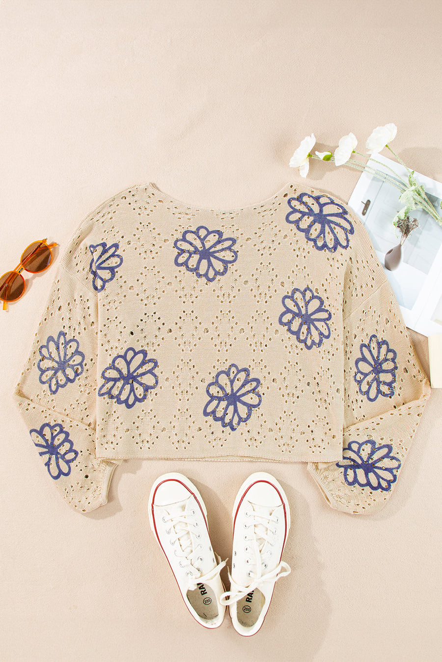 Bella Love Boutique California LLC Sweaters & Cardigans/Sweaters Beige Contrast Flower Print Eyelet Drop Shoulder Sweater