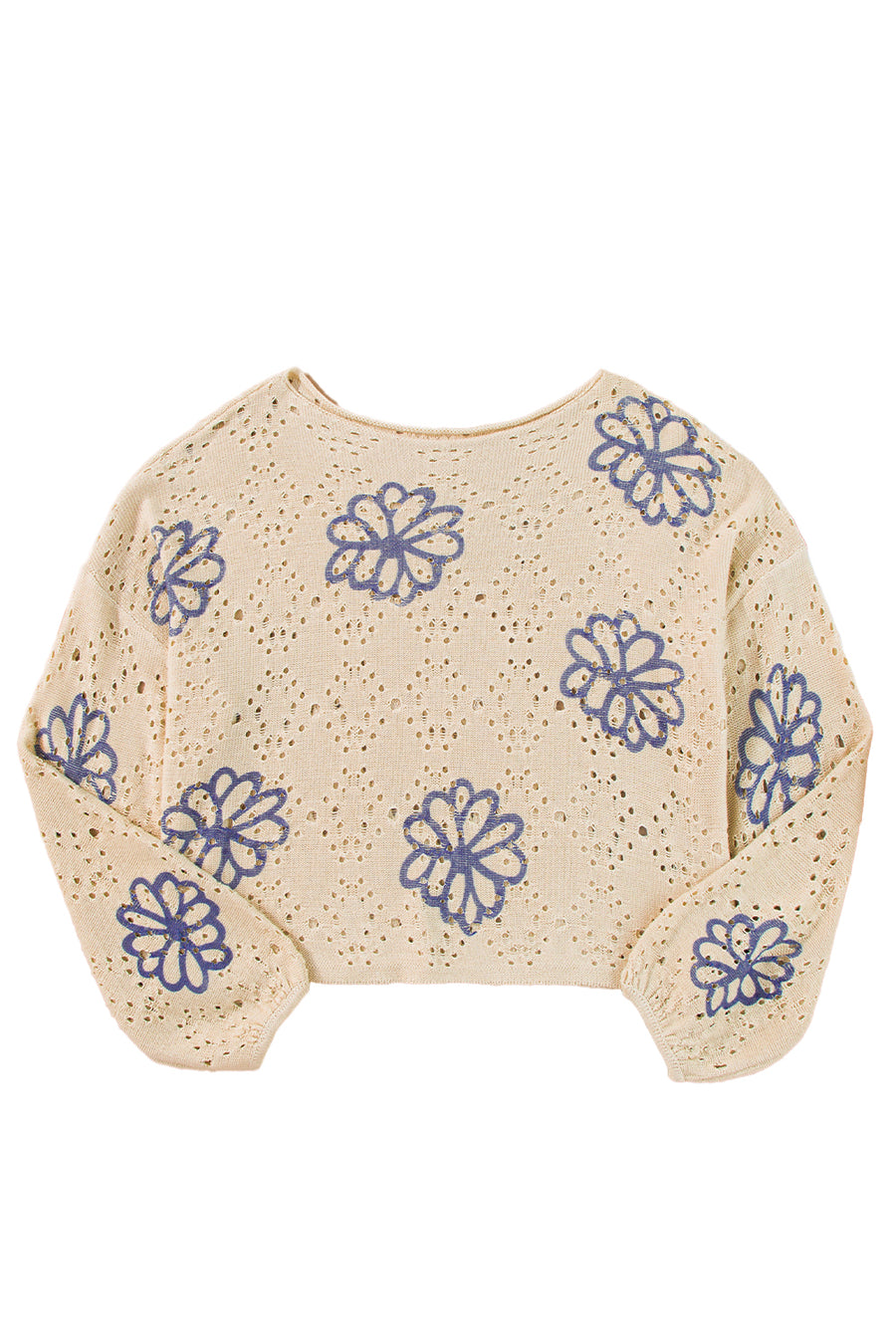 Beige Contrast Flower Print Eyelet Drop Shoulder Sweater