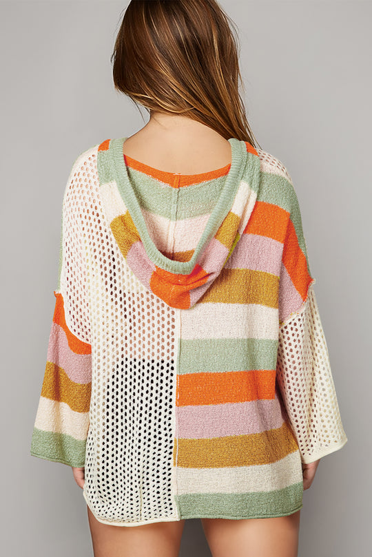 Bella Love Boutique California LLC Sweaters & Cardigans/Sweaters Beige Oversized Colorblock V Neck Hooded Sweater