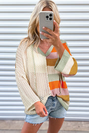 Bella Love Boutique California LLC Sweaters & Cardigans/Sweaters Beige Oversized Colorblock V Neck Hooded Sweater