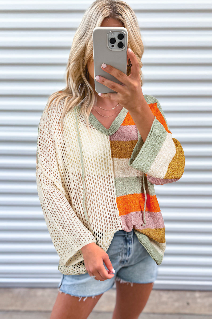 Bella Love Boutique California LLC Sweaters & Cardigans/Sweaters Beige Oversized Colorblock V Neck Hooded Sweater