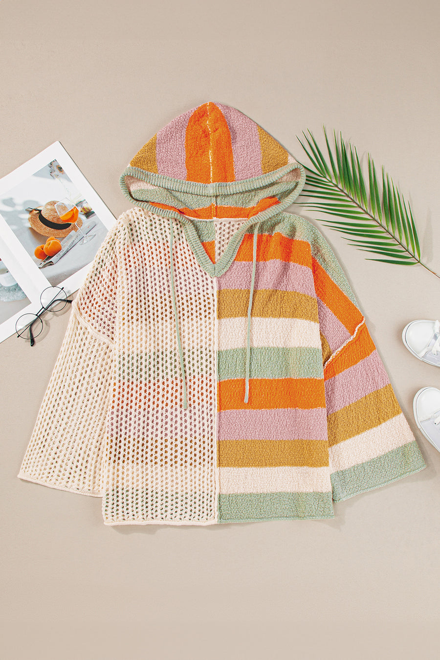 Bella Love Boutique California LLC Sweaters & Cardigans/Sweaters Beige Oversized Colorblock V Neck Hooded Sweater