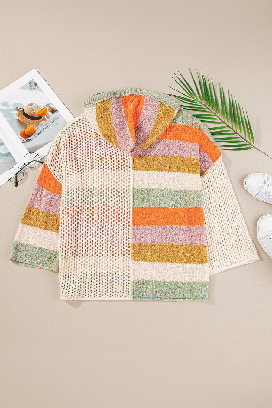 Bella Love Boutique California LLC Sweaters & Cardigans/Sweaters Beige Oversized Colorblock V Neck Hooded Sweater