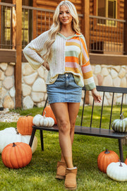 Bella Love Boutique California LLC Sweaters & Cardigans/Sweaters Beige Oversized Colorblock V Neck Hooded Sweater