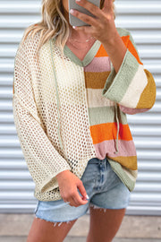 Bella Love Boutique California LLC Sweaters & Cardigans/Sweaters Beige / S / 100%Acrylic Beige Oversized Colorblock V Neck Hooded Sweater