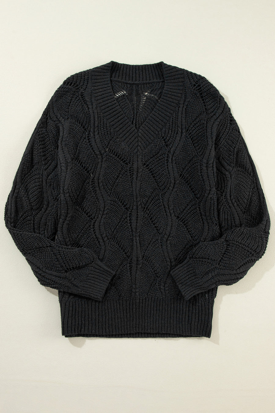 Black Hollow Out Knit V Neck Drop Shoulder Sweater