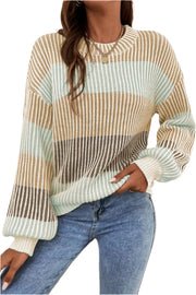 Bella Love Boutique California LLC Sweaters & Cardigans/Sweaters Brown / S / 60%Cotton+40%Acrylic Colorblock Textured Knit Bubble Sleeve Sweater