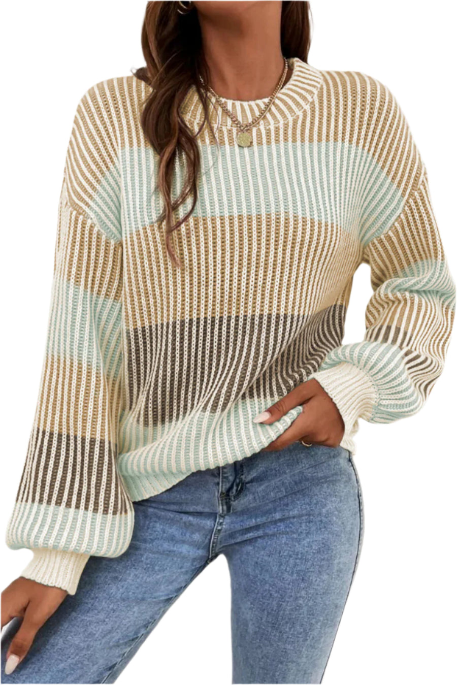 Bella Love Boutique California LLC Sweaters & Cardigans/Sweaters Brown / S / 60%Cotton+40%Acrylic Colorblock Textured Knit Bubble Sleeve Sweater