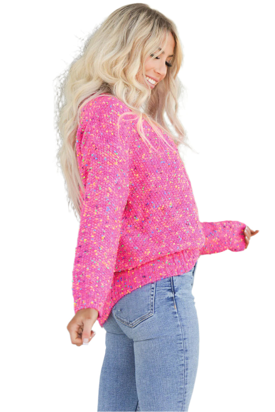 Bella Love Boutique California LLC Sweaters & Cardigans/Sweaters Dark Pink Colorful Spots Knitted V Neck Casual Sweater