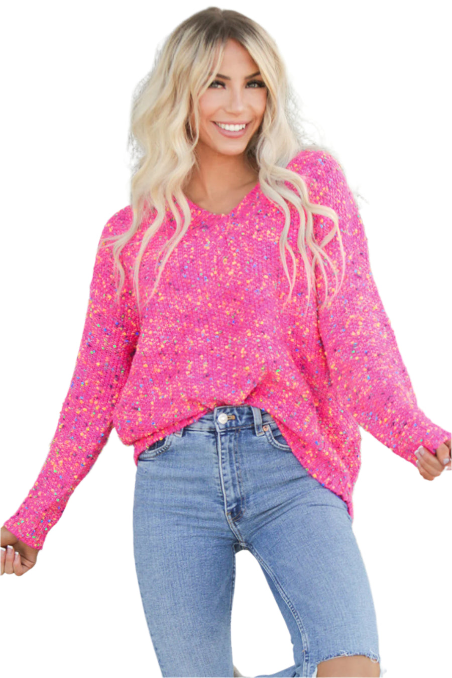 Bella Love Boutique California LLC Sweaters & Cardigans/Sweaters Dark Pink Colorful Spots Knitted V Neck Casual Sweater