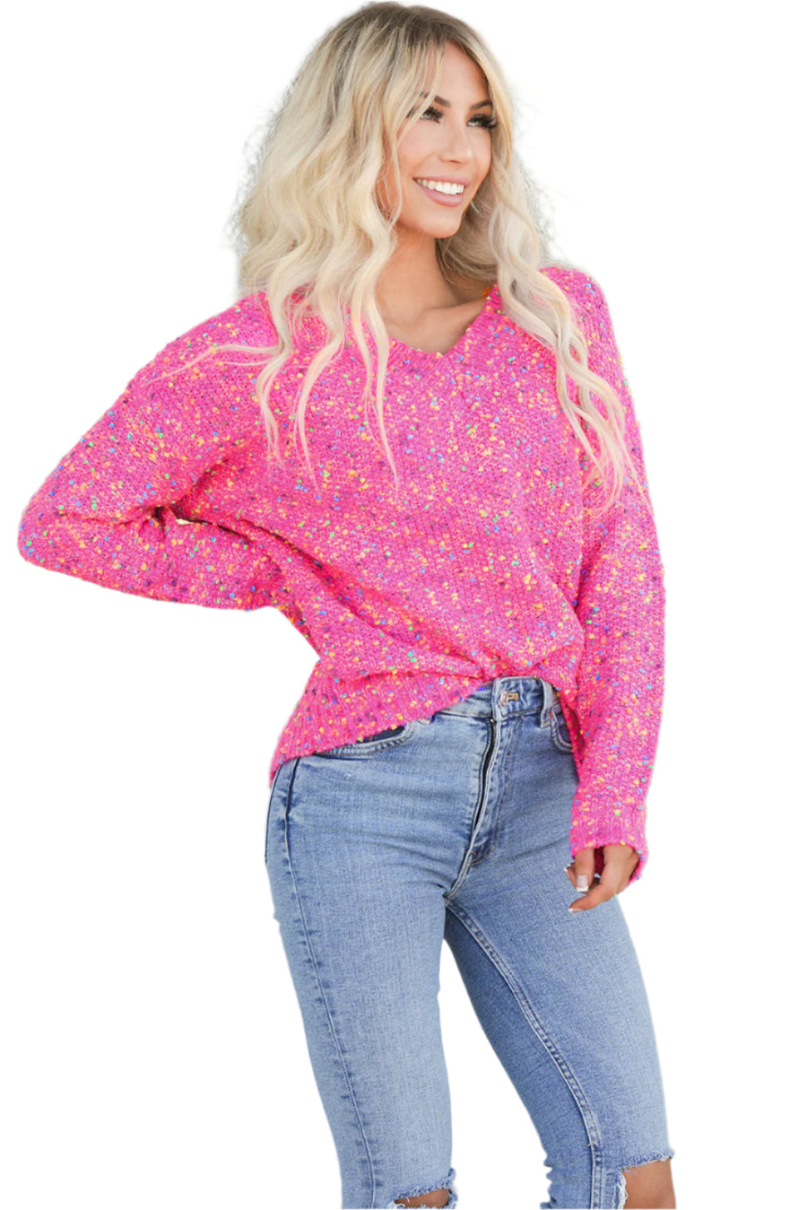 Bella Love Boutique California LLC Sweaters & Cardigans/Sweaters Dark Pink Colorful Spots Knitted V Neck Casual Sweater