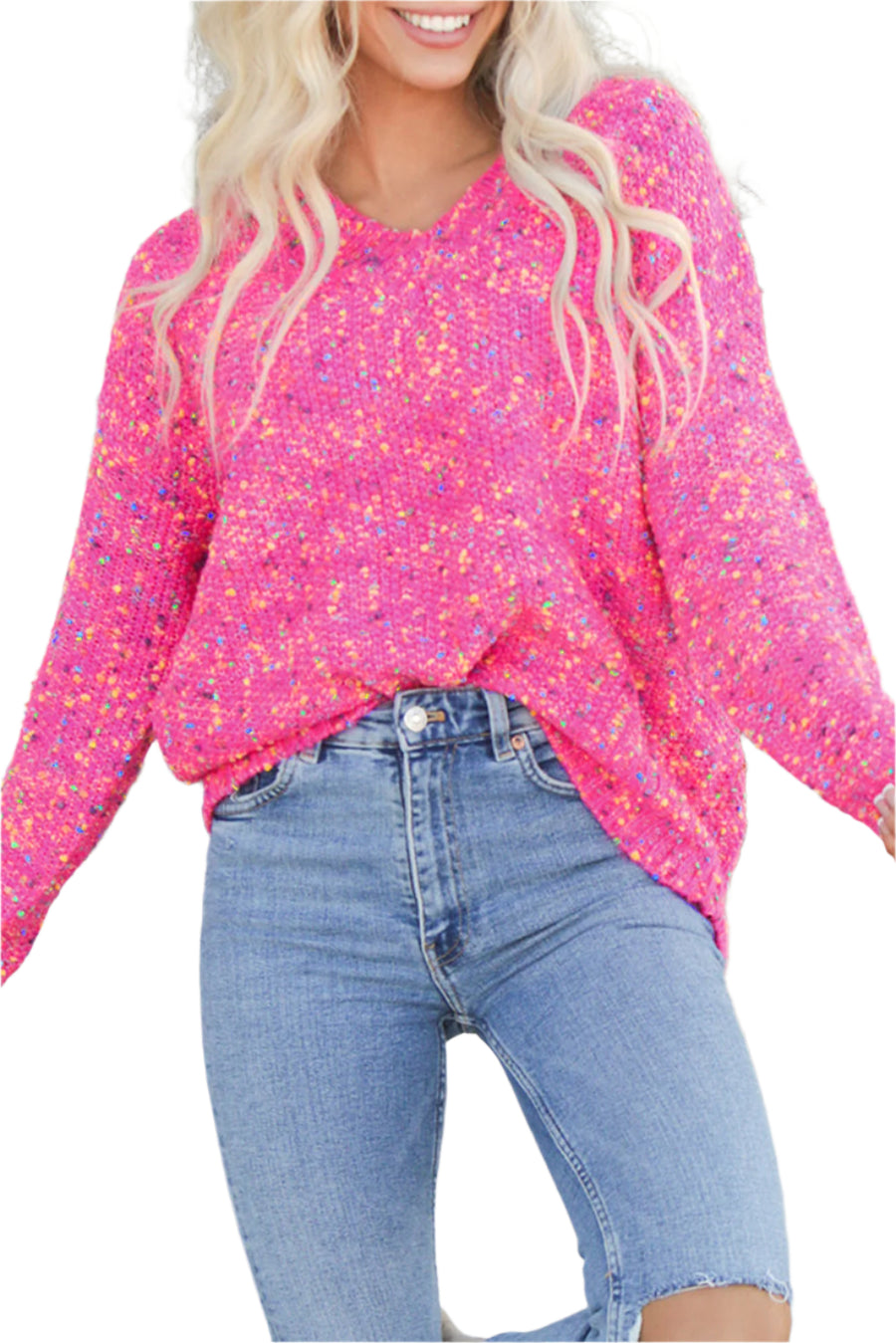 Bella Love Boutique California LLC Sweaters & Cardigans/Sweaters Dark Pink / S / 50%Polyester+50%Acrylic Dark Pink Colorful Spots Knitted V Neck Casual Sweater