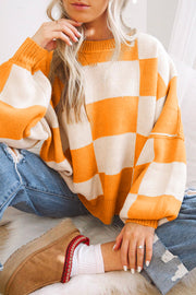 Bella Love Boutique California LLC Sweaters & Cardigans/Sweaters Grapefruit Orange / S / 100%Acrylic Orange Checkered Bishop Sleeve Sweater