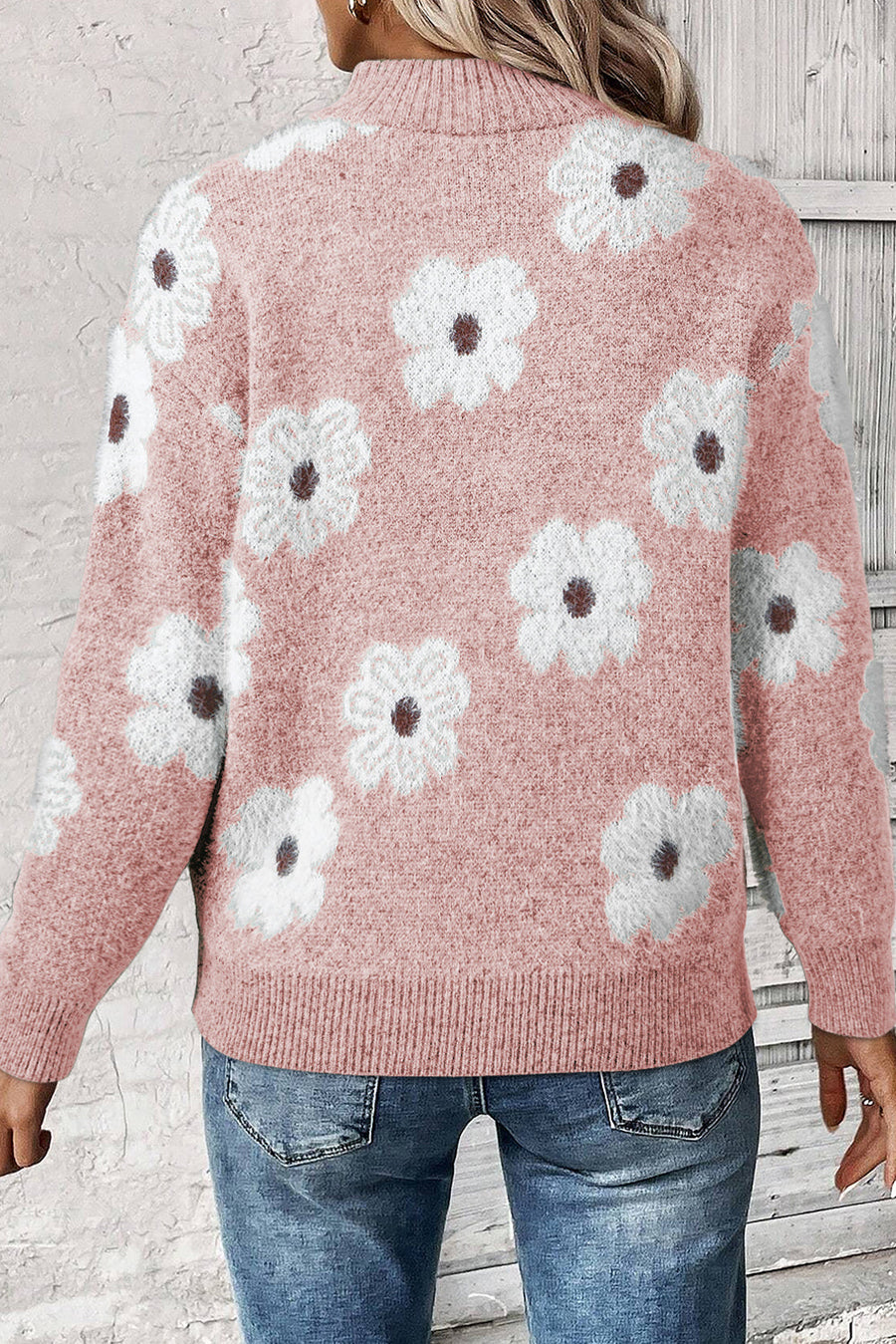 Gray Floral Pattern Half Zip Drop Shoulder Sweater