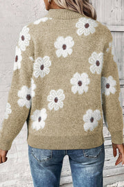 Gray Floral Pattern Half Zip Drop Shoulder Sweater