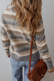 Bella Love Boutique California LLC Sweaters & Cardigans/Sweaters Gray Stripe Color Block Ribbed Edge Round Neck Sweater