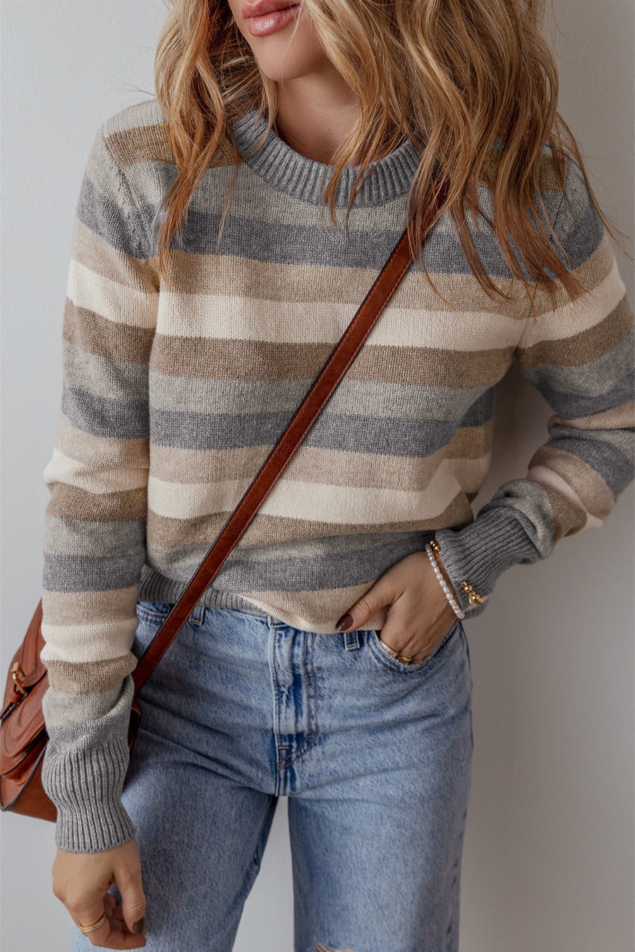 Bella Love Boutique California LLC Sweaters & Cardigans/Sweaters Gray Stripe Color Block Ribbed Edge Round Neck Sweater
