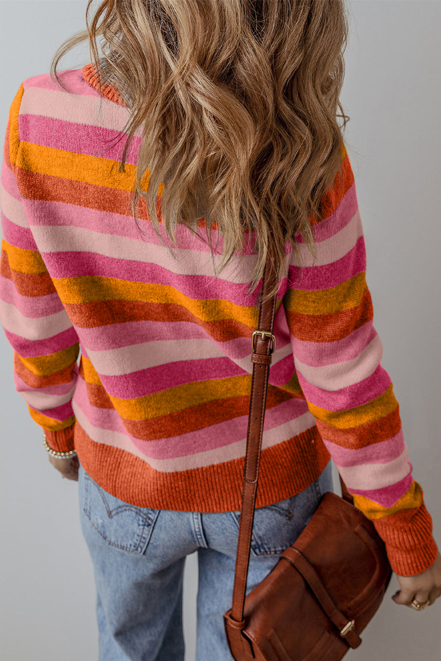 Bella Love Boutique California LLC Sweaters & Cardigans/Sweaters Gray Stripe Color Block Ribbed Edge Round Neck Sweater