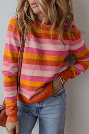 Bella Love Boutique California LLC Sweaters & Cardigans/Sweaters Gray Stripe Color Block Ribbed Edge Round Neck Sweater
