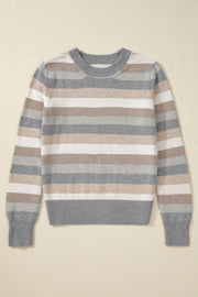 Bella Love Boutique California LLC Sweaters & Cardigans/Sweaters Gray Stripe Color Block Ribbed Edge Round Neck Sweater