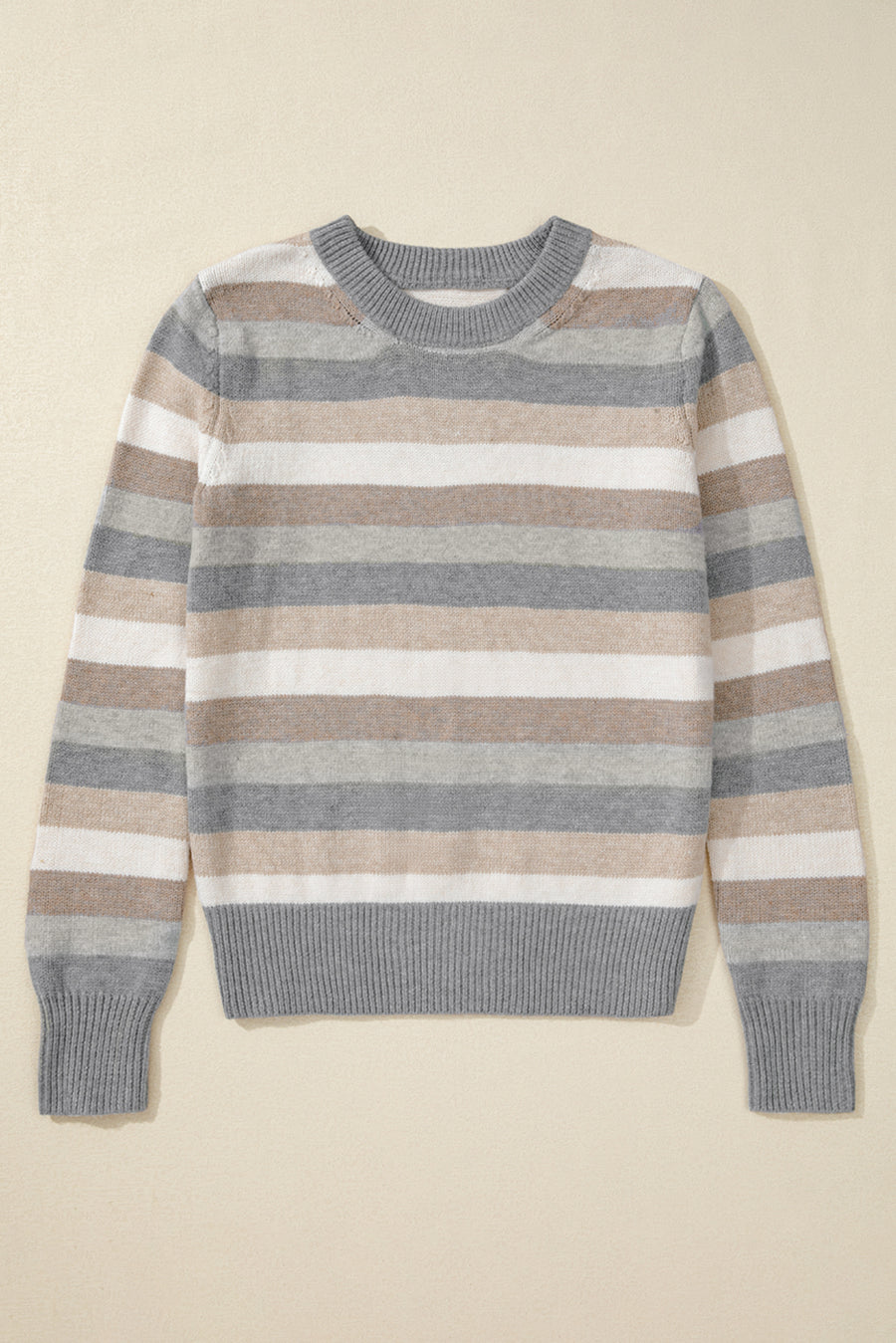 Bella Love Boutique California LLC Sweaters & Cardigans/Sweaters Gray Stripe Color Block Ribbed Edge Round Neck Sweater
