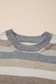 Bella Love Boutique California LLC Sweaters & Cardigans/Sweaters Gray Stripe Color Block Ribbed Edge Round Neck Sweater