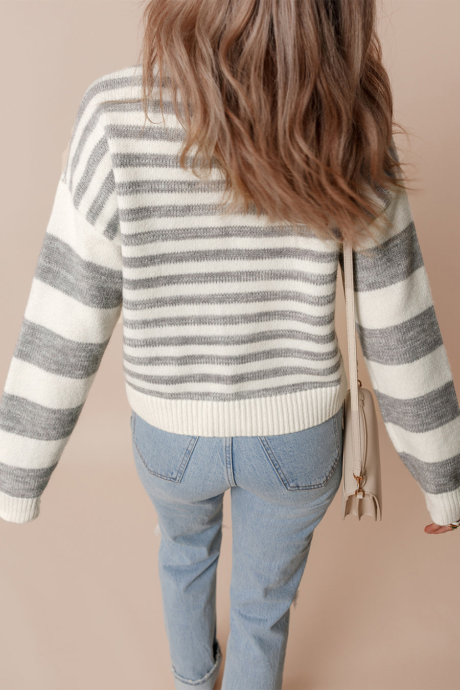 Bella Love Boutique California LLC Sweaters & Cardigans/Sweaters Gray Stripe Drop Shoulder Crew Neck Sweater