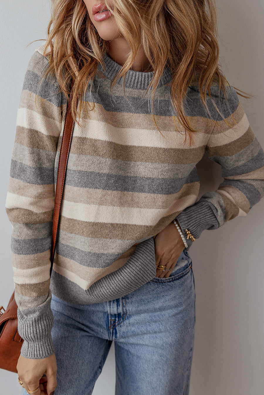Bella Love Boutique California LLC Sweaters & Cardigans/Sweaters Gray Stripe / S / 42%Polyester+28%PBT+20%Acrylic+10%Polyamide Gray Stripe Color Block Ribbed Edge Round Neck Sweater